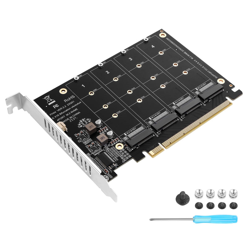 PCIe 4.0 x16 to 4 Port M.2 NVMe SSD Adapter Card, PCIe Bifurcation RAID Controller, 4x 64Gbps Full Speed, Supports 4x NVMe SSD with Individual LED Activity Lights & Soft RAID for Windows 10/11