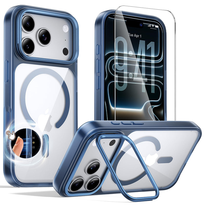 Tigowos for iPhone 17 Pro Case with Lens Stand，Screen Protector，Blue | Camera Control Cover ,Fit for MagSafe,Drop Protection,Shockproof, Translucent Back Phone Case for 17 Pro Blue-Stand