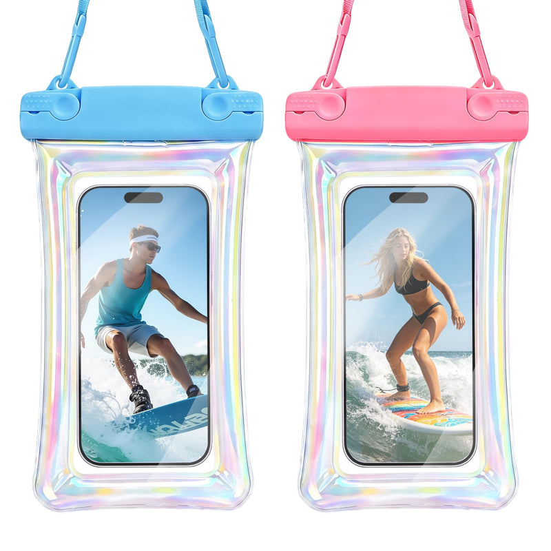 DLseego 2-Pack Iridescent Floating Waterproof Phone Pouch, Pink & Blue Laser TPU IPX8 Dry Bag with Lanyard, Touch Screen Waterproof Case Fit Up to 7 Inch Phone for Swimming Beach Snorkeling Rafting