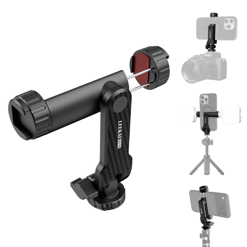 LEEKAI PH16 Tripod Phone Mount with 2 Cold Shoe and 1/4" Screw | Universal Smartphone Holder Adapter, Mount Adapter, 360° Rotates and 180° Tilts Adjustable Cell Phone Clamp Holder for Tripod