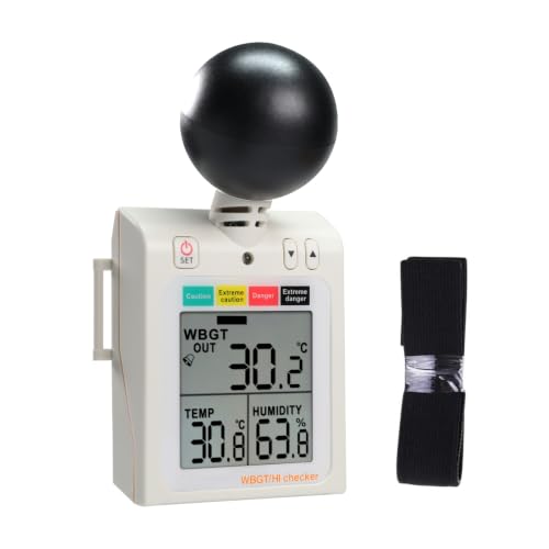 Wearable WBGT Heat Index Meter | Portable 40mm Black Ball Heat Stress Tester Air Globe Temperature Humidity Tester with Dangerous Level Indicator, 4-Level LED/Buzzer Alarm, Tripod Mount & IN/OUT Modes