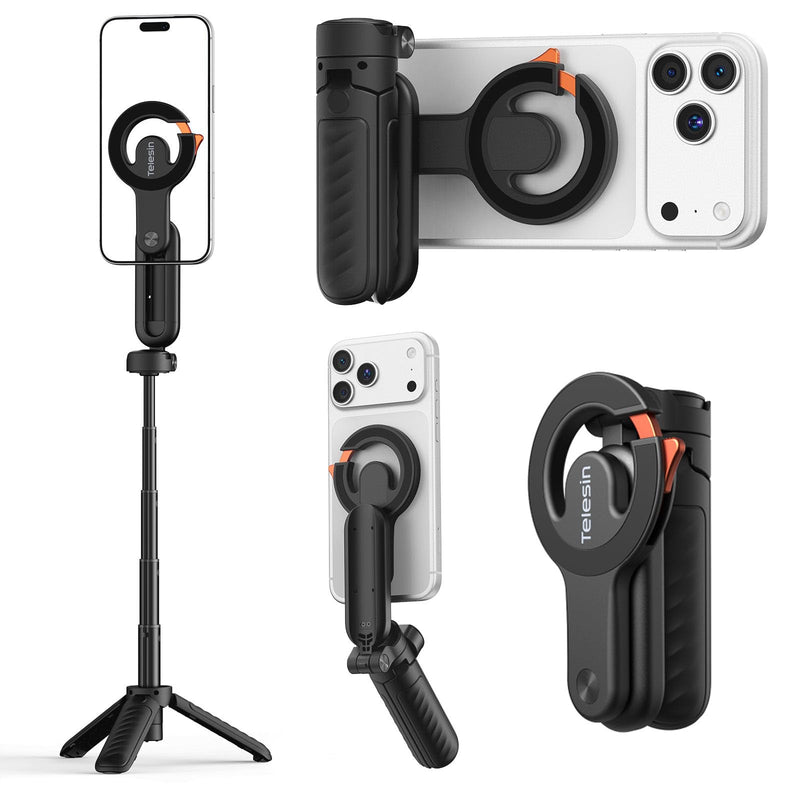 TELESIN Magnetic Mini Selfie Stick Tripod with Phone Camera Grip | 5 in 1 Cell Phone Stand with Detachable Button for iPhone 17 16 15 14 & Android, Pocket Size Phone Tripods with Carabiner