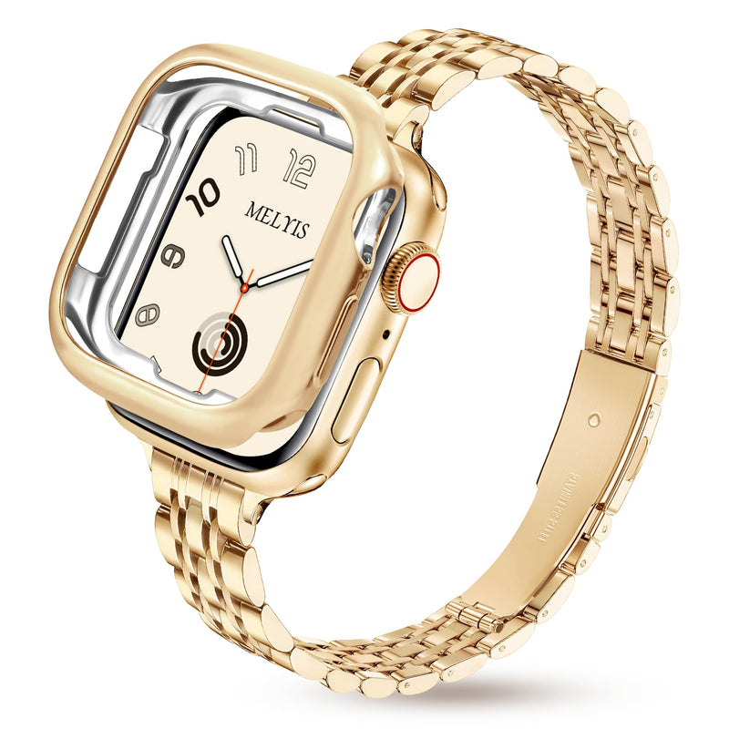 Melyis Slim Stainless Steel Band Fits Apple Watch Bands for Women 45mm 44mm 42mm(Series 3 2 1), Thin Metal iWatch Band with TPU Protective Case for Apple Watch Band Case Series 9 SE 8 7 6 5 4, Gold 42mm/44mm/45mm