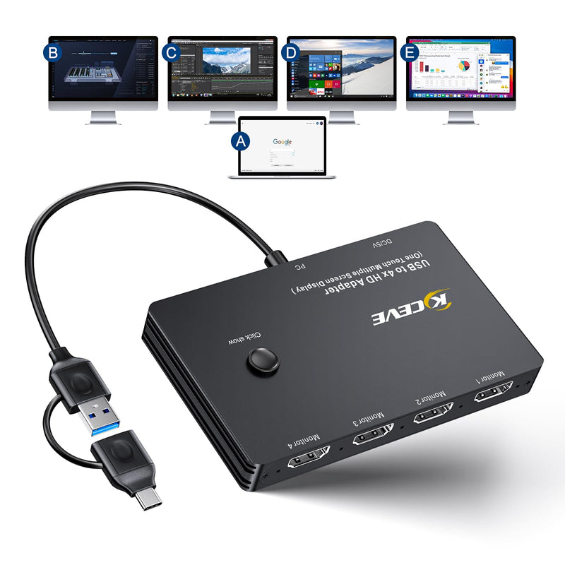 USB to 4 HDMI Adapter, Extend 4 HDMI Monitor Converter, Support Mirror/Extend Mode Compatible with Windows, M1/M2 Mac OS, with Black Screen Function USB to 4 HDMI