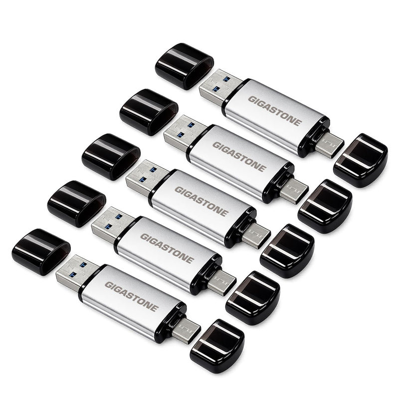 GIGASTONE 16GB Dual Flash Drive (5 Pack) V40S USB 2.0, 2-in-1 Type-A & Type-C, High Speed, Head Cap Design, Plug & Play for Smartphone/PC/Mac/TV/Car Audio