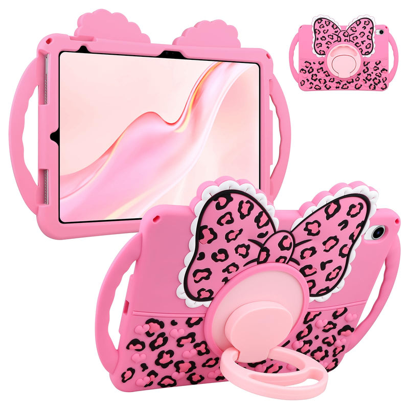 JAKPAK Kids Case for iPad (A16) 11th 10th Generation 11" 2025/10.9 in 2022 | Built-in 360° Rotating Kickstand, Double Handle, Cute Bow Leopard Print Soft Silicone Cover, Girly Kids Friendly, Pink