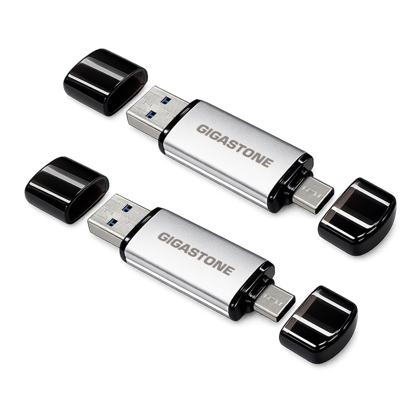 GIGASTONE 64GB Dual Flash Drive (2 Pack) V40S USB 2.0, 2-in-1 Type-A & Type-C, High Speed, Head Cap Design, Plug & Play for Smartphone/PC/Mac/TV/Car Audio
