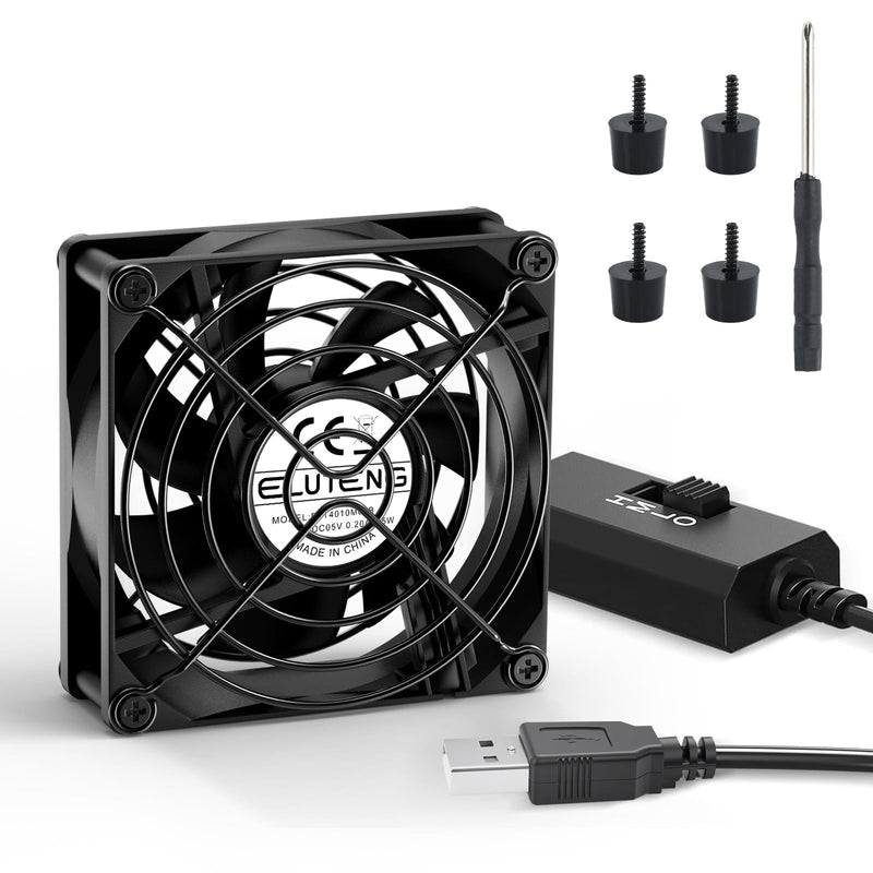 ELUTENG 80mm USB Mini Fan | Hydraulic Metal Grill, Quiet 3 Speed Controller, 4 Rubber Feet, For Router, Receiver, TV Box, DVR, Xbox, PS6, PS5, Cabinet