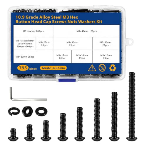 795PCS M3 Screws Assortment Kit M3x10/12/14/16/20/25/30/40mm Hex Button Head Socket Cap Screws Bolts Nuts Washers Kit 10.9 Alloy Steel Black Zinc Plated for 3D Printer&DIY M3-795-Button