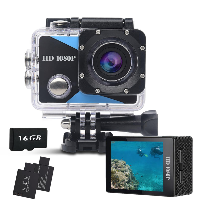 Action Camera 1080P Sports Camera 16GB Memory Card Action Cam 131ft Underwater Waterproof with 2 X Batteries with Accessories Kit Suitable for Helmet, Bicycle, etc. Indigo Black