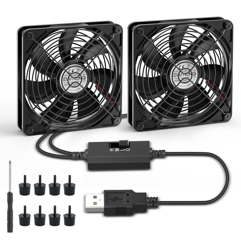ELUTENG 120mm Double USB Fan with 8 Shock Absorbent Feet Dual USB Computer Fans 3 Adjustable Speeds Quiet PC Cabinet Cooling for Router, Receiver, TV Box, DVR, Xbox, PS6, PS5, Cabinet