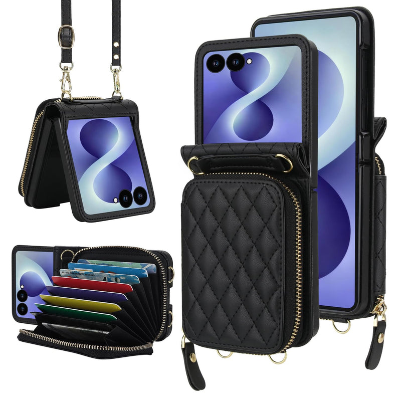 NINKI Hand Strap for Samsung Galaxy Z Flip 8 Case Wallet with Card Holder, Cute Shockproof Leather Detachable Cross-body Lanyard for Samsung Z Flip 8 Case Purse,Galaxy Z Flip 8 Cover Women Girls Black
