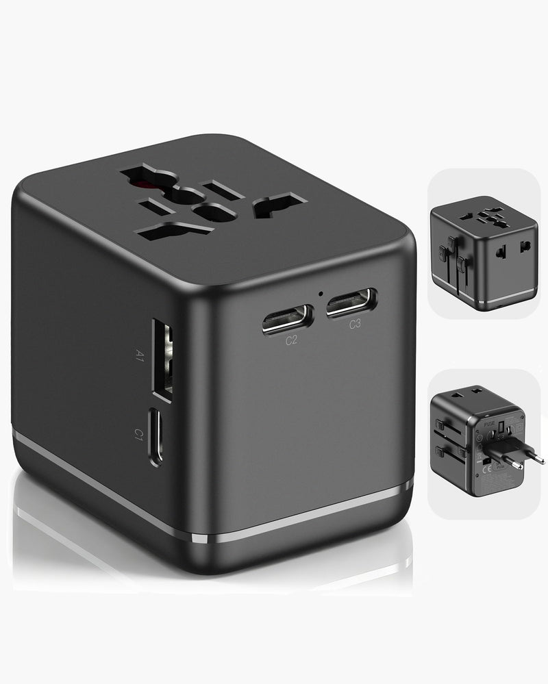 Universal Travel Adapter with Dual AC Outlets, 4 USB Ports, 2500W | 3 USB-C & 1 USB-A Ports, Charge 6 Devices, Compact Design, EU/US/UK/AU Plug Adapter for 200+ Countries