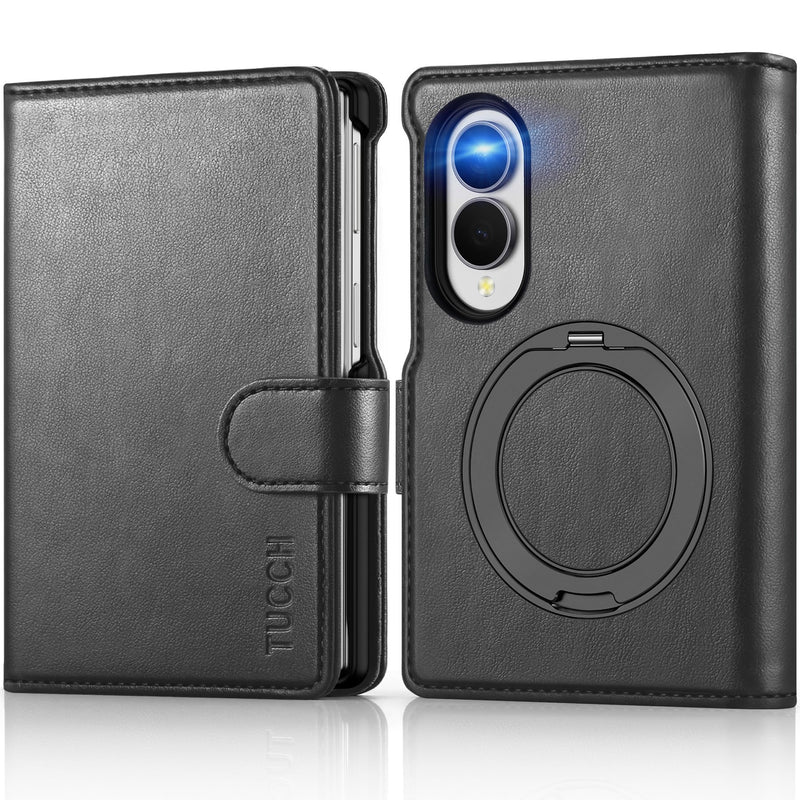 TUCCH Wallet Case with Ring Stand for Galaxy Z Fold8 (7.6") 2026, Black | 3 Card Slots, RFID Blocking, Adjustable Kickstand, PU Leather, PC Shell, Magnetic Closure, Folio Flip Cover
