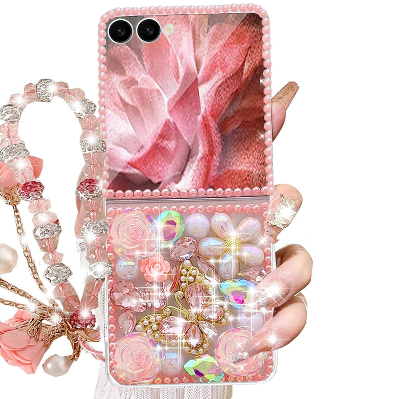 Changjia for Samsung Galaxy Z Flip 8 5G Glitter Bling Case,Cute 3D Sparkle Pearl Butterfly Crystal Rhinestones Flowers Diamonds Gems with Lanyard Wrist Strap Women Girls Case for Galaxy Z Flip 8,Pink Pink