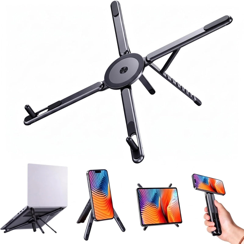 4-in-1 Foldable Laptop Stand with N52 Magnetic Phone Holder, Portable Aluminum Computer Stand for MacBook/ iPad/ Tablet, Adjustable Ergonomic Desk Stand for Home Office College Dorm & Travel Giftable Gray