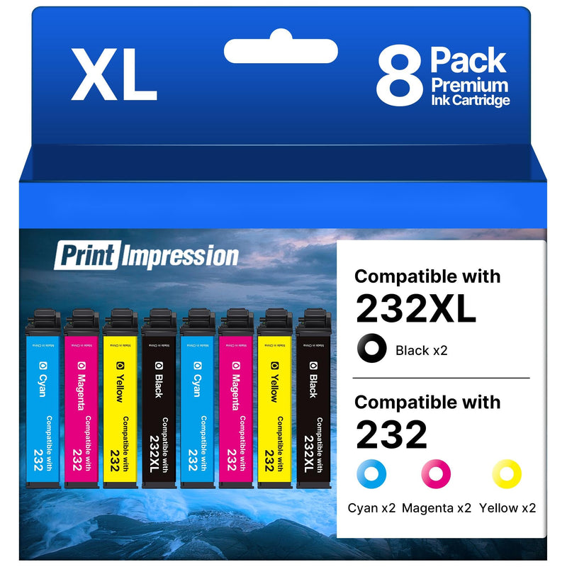 Remanufactured Replacement for Epson 232XL Ink Cartridges Combo Pack 8 Pack | Replacement for Epson 232 Ink Cartridge High Yield Use for XP-4200 XP-4205 WF-2930 WF-2950 (2Black 2Cyan 2Maegnta 2Yellow)