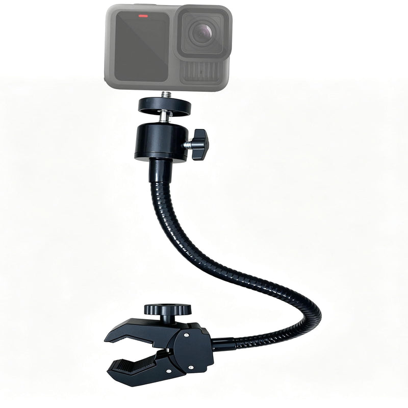 20cm Gooseneck Clamp Camera Mount with 1/4" Screw & 360° Ball Head | Flexible Clip Mount for Handlebar, Desk, Tube, Cross Bar – Compatible with GoPro, Ring, Google Nest, Wyze, Arlo