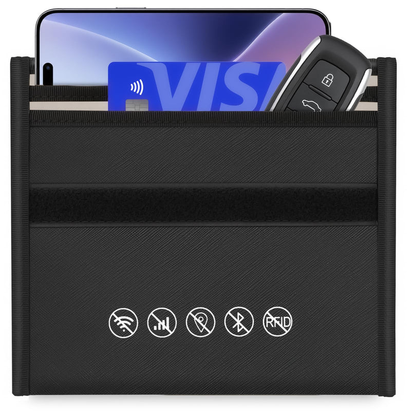 Faraday Bags for phones, Dual Shielded Compartments, 2 Card Slots, Black | Triple-Layer Signal Shielding, Fireproof Waterproof Exterior, for Phones, Cards & Keys, Blocks WiFi, GPS, RFID & Bluetooth 1