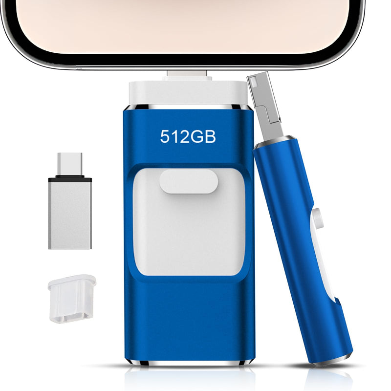 512GB Flash Drive[No App Required] Intended for Phone Tablet Androidphone and Computers, 4 in 1 Photo Stick for Phone Memory Storage Easily Backup Photos Videos（Blue） 512GB blue