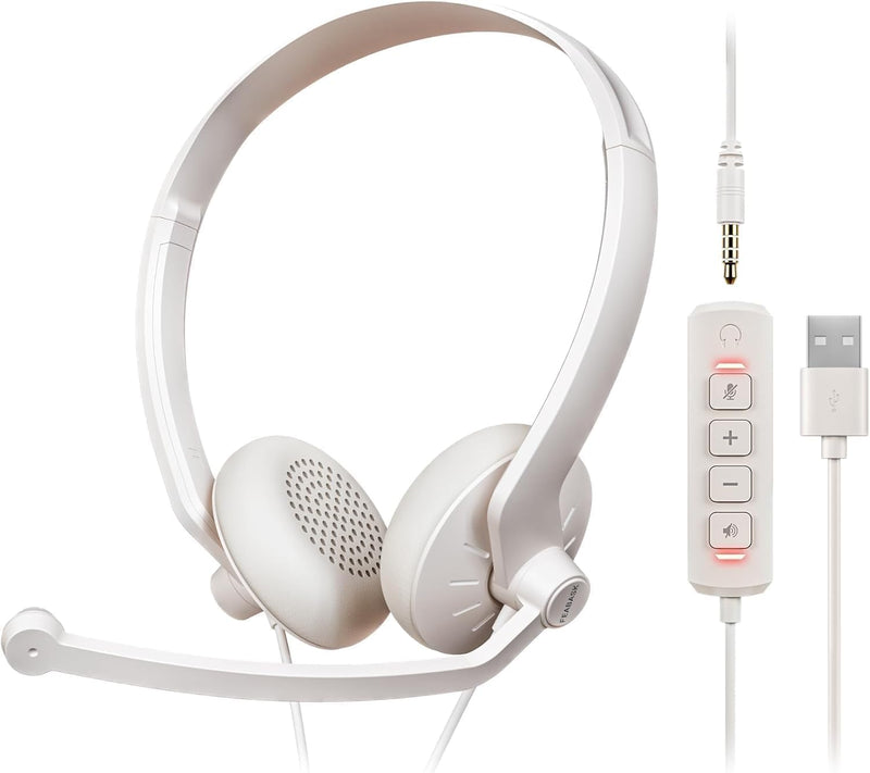 FEABASK USB Headset with Microphone for PC Computer Comfortable | USB Wired Computer Headphones with Microphone for Work Home Office Call Center Online Class pack of 1 Cloudy White