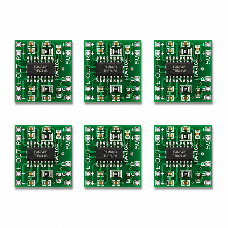 PAM8403 2x3W Stereo Class D Amp Module 2.5-5.5V USB Mini Amplifier 6-Pack | 2.5-5.5V USB-powered mini amplifier with volume control for DIY portable speakers, Arduino, and Raspberry Pi projects