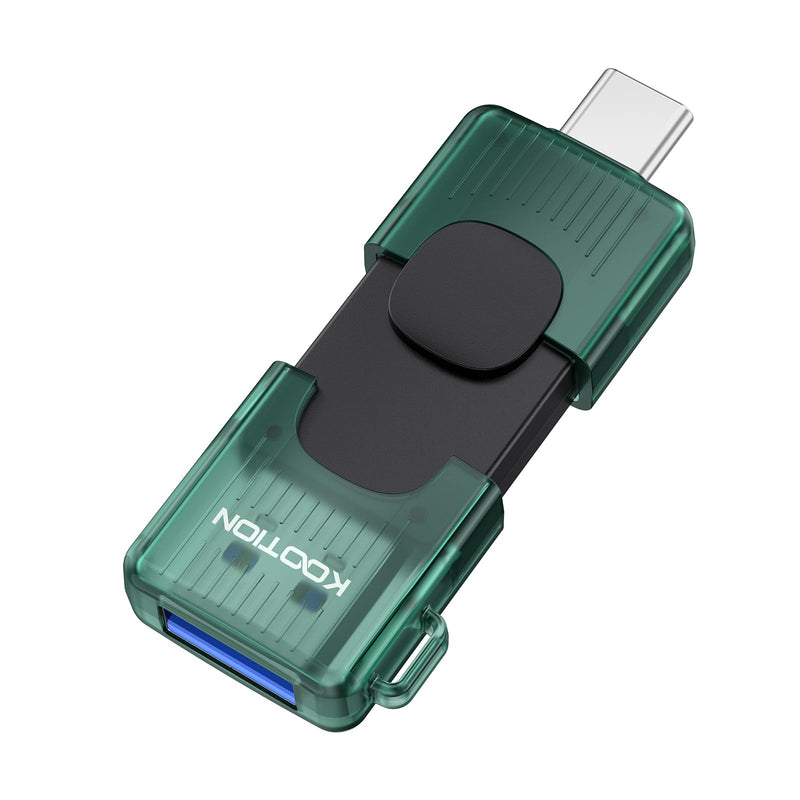 KOOTION 64GB Dual USB-A & Type-C Flash Drive up to 110MB/s USB 3.2 Gen 1 | Retractable Thumb Drive Compatible with iPhone 15/16/17 Series Android Phone Tablet Laptop Windows Mac (1Pack Green) 64.0 GB