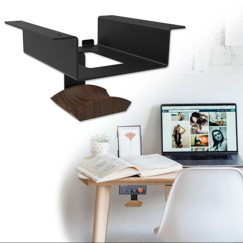 Under Desk Mount for Fosi Audio BT20A Pro with Walnut Wood Headphone Hanger, Metal Amplifier Bracket Shelf for Compact Stereo Amp, Desk Organizer Holder, Black