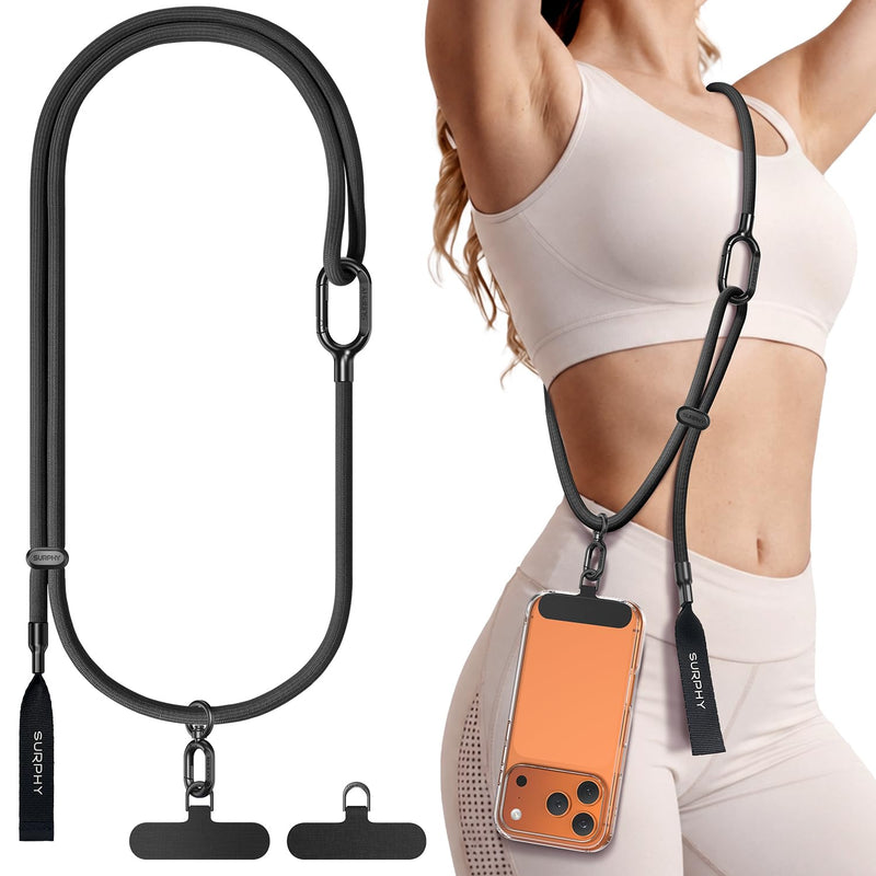 SURPHY Phone Lanyard Crossbody, Phone Strap Crossbody with 2 Tether Tabs | Easy Adjustable Cell Phone Lanyard, 7 mm Phone Strap, Premium Metal Buckles, Universal Lanyard for Women and Men Black