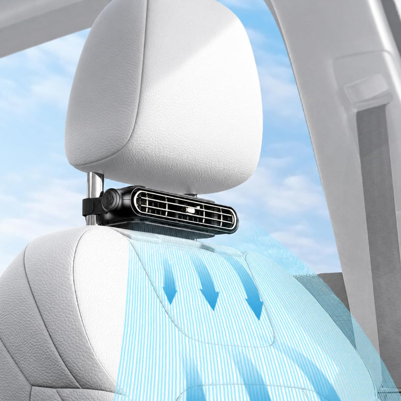 Car Seat Fan for Car Headrest, USB Cooling Fan, 3-Speed, Black | 3000mAh battery car fan with adjustable airflow for backseat kids, drivers, SUVs, vans and RVs.