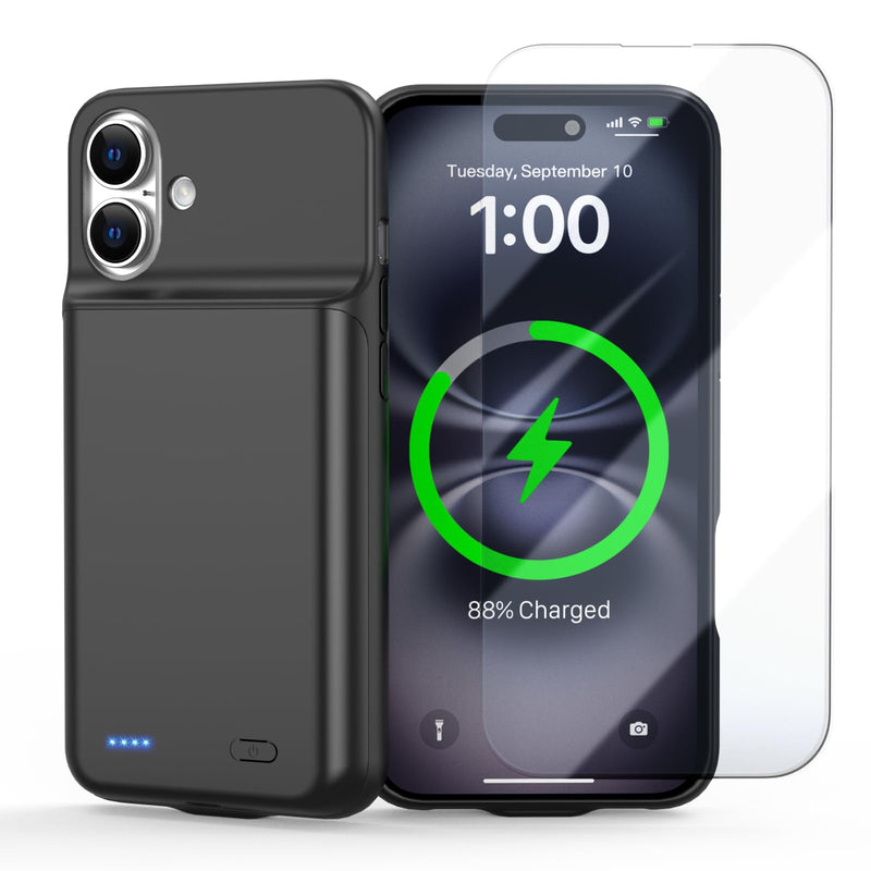 Battery Case for iPhone 16, [2026 Upgraded] 7000mAh Ultra-Slim Portable Charging Case Rechargeable Extended Battery Pack with Tempered Glass Screen Protectorfor iPhone 16 (6.1inch), Black for iPhone 16 (6.1inch)