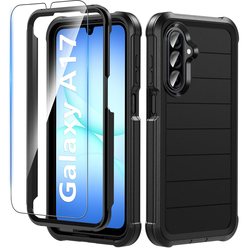 Hensinple for Samsung Galaxy A17 5G Phone Case with Screen Protector, Heavy Duty Military Shockproof Full Body Durable TPU Protective Cover Case for Samsung A17 5G (Black) Samsung A17-Black