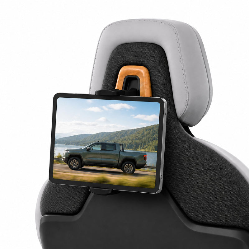 Car Headrest Tablet Holder for Rivian R1T, R1S, R2 with CNC Metal Base | Travel Essential 360° Adjustable Back Seat Tablet Mount, Compatible with iPad and Galaxy Tab for Road Trips & Family Travel
