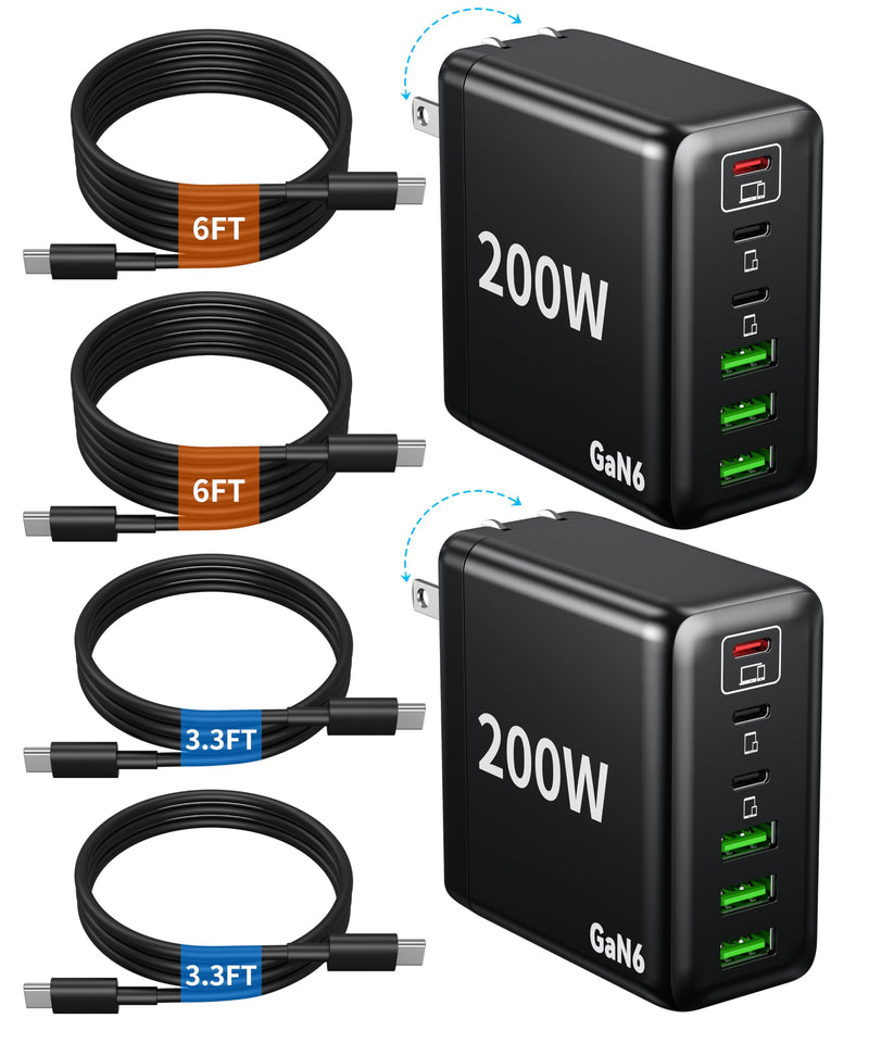 2 Pack USB C Charger Block, 200W GaN Super Fast Charger Type C Fast Charging 6 Port Foldable PD Charging Station for All Phone/Android Samsung Galaxy S25/S24/MacBook iPad Black