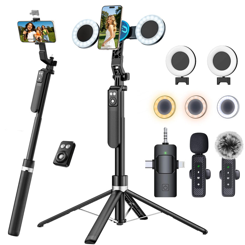 Content Creator Essentials Vlogging Kit, Magnetic Tripod & 2 Lights 2 Mics | 68" Magnetic Tripod for iPhone MagSafe/Android with Remote & 2 in 1 Magnetic Holder for Video Recording/Travel/Vlogging