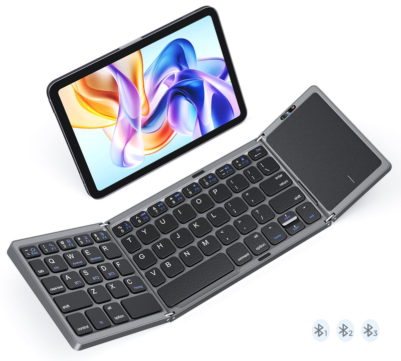 MEETION Foldable Bluetooth Keyboard with Touchpad, Portable Wireless, Gray | Ultra-slim rechargeable folding keyboard with built-in touchpad, full-size keys, idea for travel, iOS/Android/Windows Grey Black