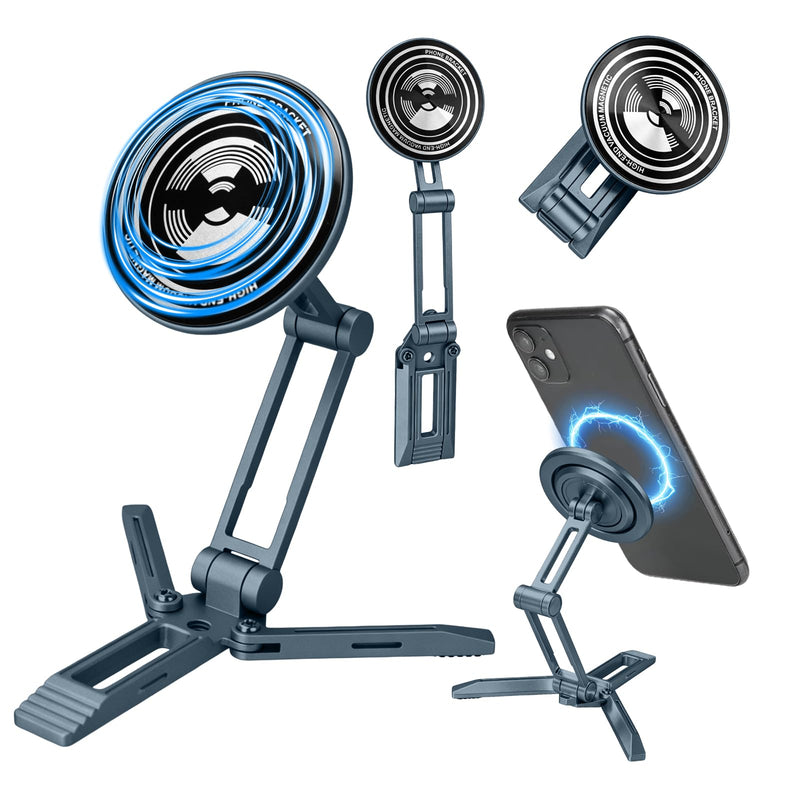 Magnetic Magsafe Mini Foldable Small Phone Tripod Stand Holder for iPhone | All-Metal, 360° Mechanical Rotating Suction Cup, Portable Pocket Desk Office Travel Selfie Stick, Mobile Holder for Android Deep Navy Blue