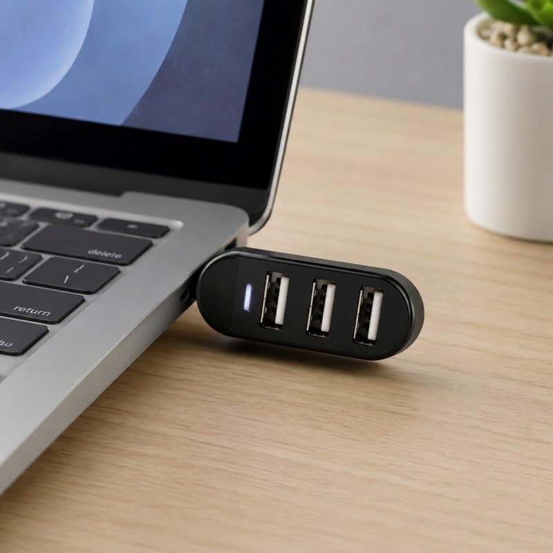3-Port USB Hub Splitter Adapter Rotating Compact Plug and Play Swivel Design No Battery Required for Laptops PCs Travel, Black