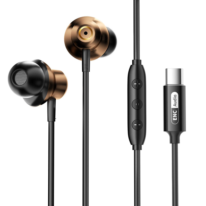 Wired Earbuds with ENC Noise Canceling Mic, Deep Bass Stereo Wired Earphones, Plug in USB C/Type C Headphones Compatible with iPhone 17/16/15, Samsung, Android, Gaming, Laptop, Clear Calls Brown USB Type C
