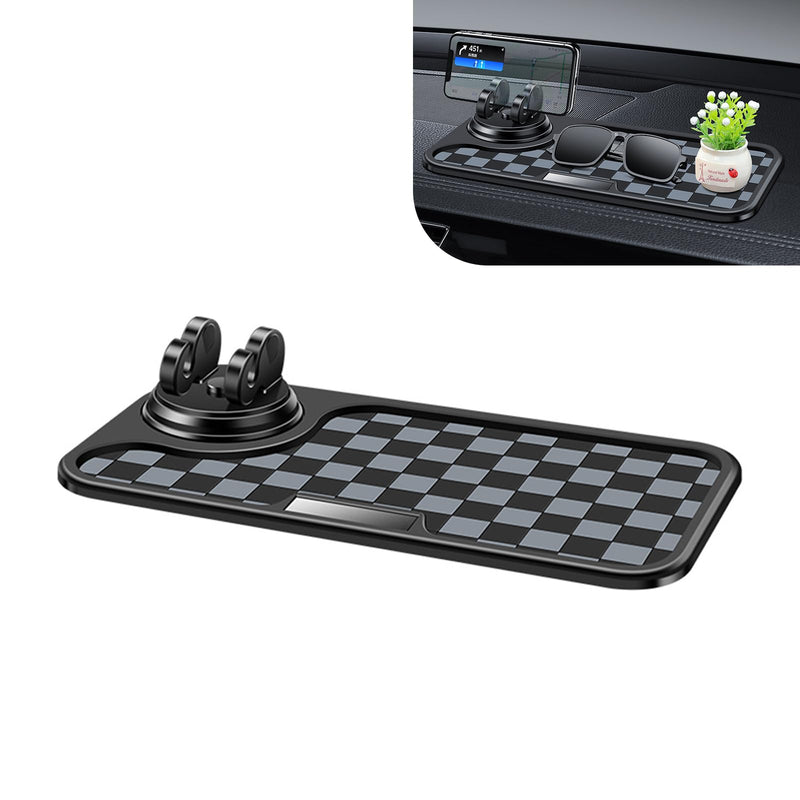 Car Dashboard Mat, Silicone Anti-slip Checkered Pad with 360-degree Rotating Phone Mount, Heat-resistant Waterproof Organizer Pad, Universal Interior Accessories for Most Cars (Black) 1 PC Black