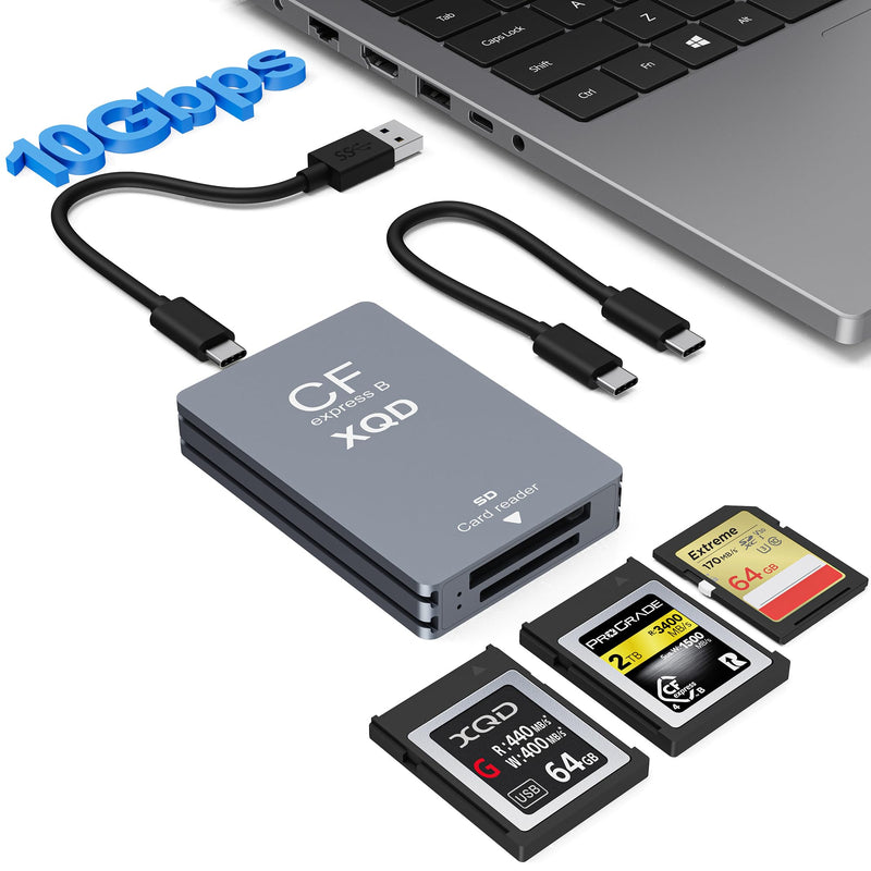 CFexpress Type B/XQD/SD Card Reader, 10Gbps USB3.2 Gen2 3-in-1 Aluminum CFexpress Type B Card Adapter SD/XQD Card Reader with USB C/USB-A Cable for Thunderbolt 3/4 for Photographers & Videographers