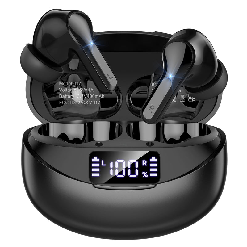 Wireless Earbuds Bluetooth 5.4 Headphones, Noise Cancelling Mic Ear Buds with 50H Playback, LED Digital Display, IPX7 Waterproof Earphones for Office/Running/Workout Jet Black