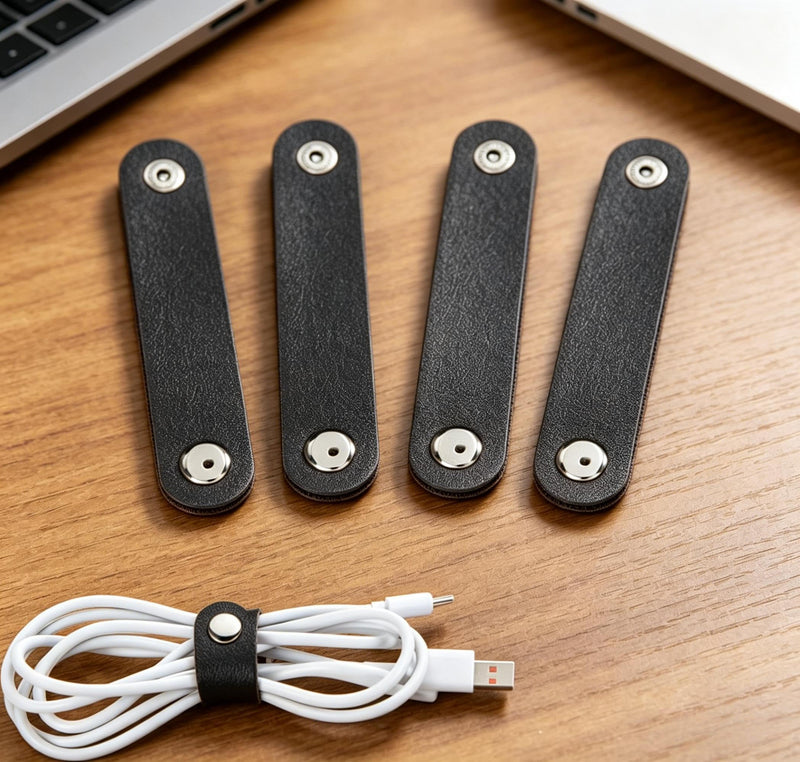 5Pcs PU Leather Cord Organizer Straps with Snap Button, Reusable Cable Ties for Data Wire and Charger Cord Management(Black) Black