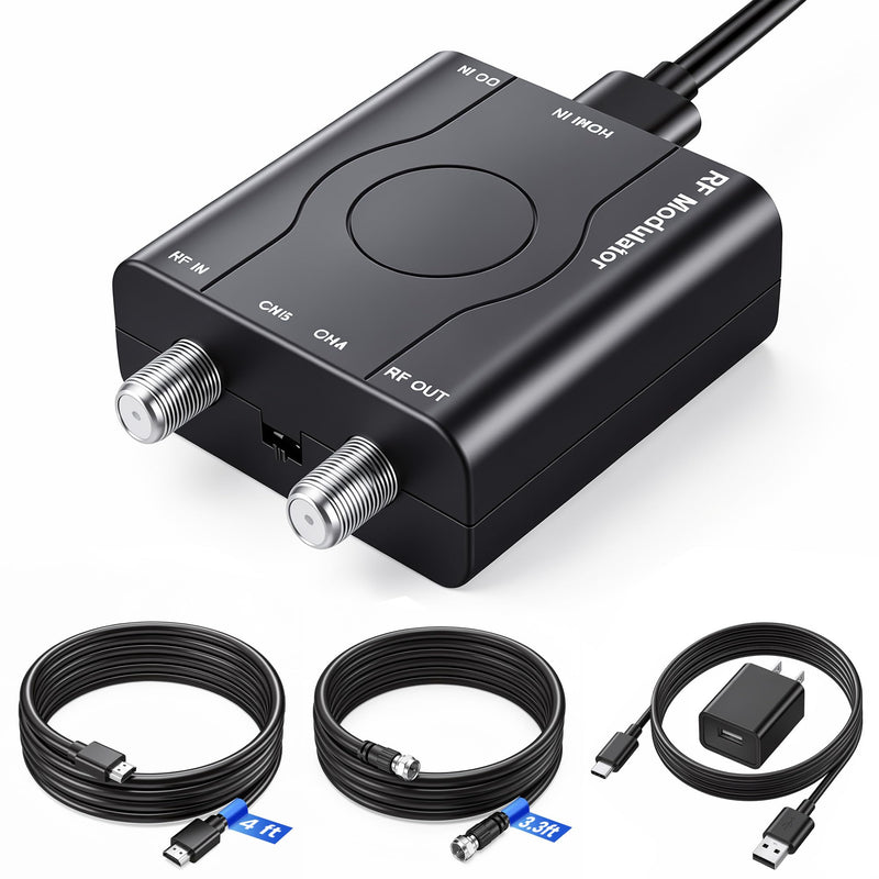 HDMI to RF Modulator with HDMI & RG6 Coaxial Cable for Older TVs | Plug & Play HDMI to Coax Adapter with Power Adapter,1080P PLL Control NTSC Output CH3/CH4 for Antenna TVs and Game Consoles Black with RG6 Coaxial Cable