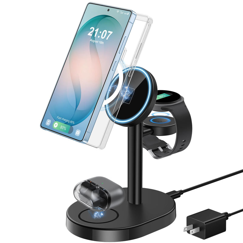 3 in 1 Wireless Charger for Samsung Galaxy, 15W Magnetic Super Fast Charging Station for MagSafe Samsung Galaxy S26 Ultra S25 S24 Z Fold Flip 8 Watch 8 7 Buds 4 3 Pro, Not for Watch 9/Ultra 2 Charcoal-Black