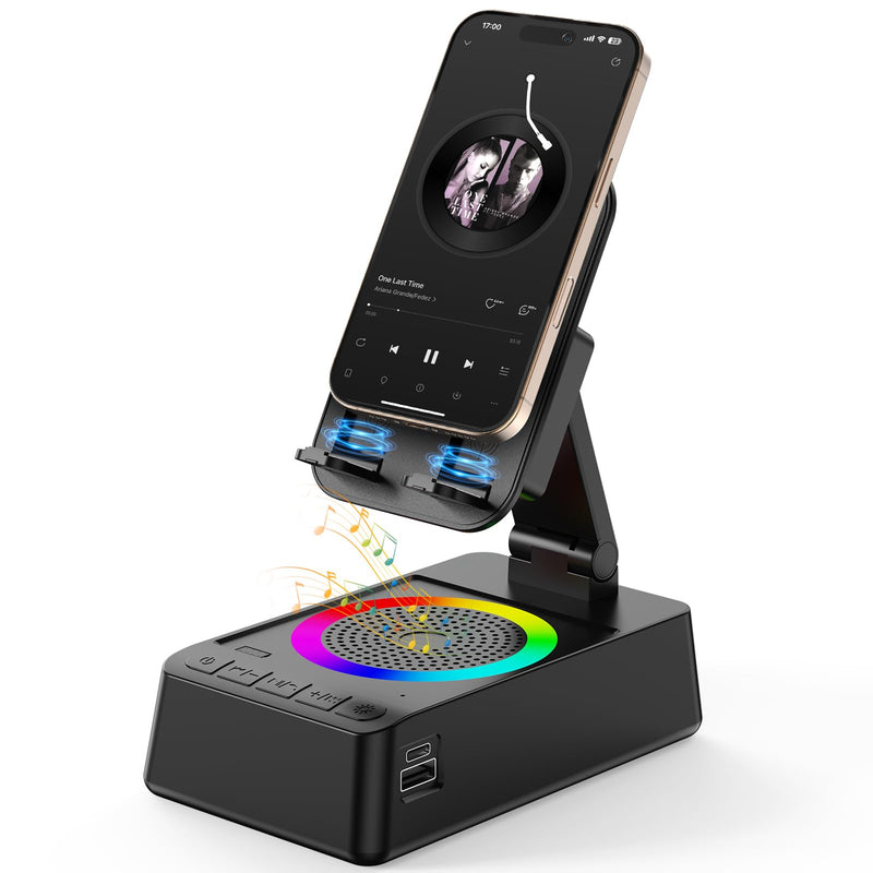 TARKARI Induction Speaker, Phone Stand with Speaker, Bluetooth Speakers | Wired Charging the Cellphone, Foldable and Adjustable Cell Phone Stand, Ambient Light, For Home Office, Gifts for Women Him Black