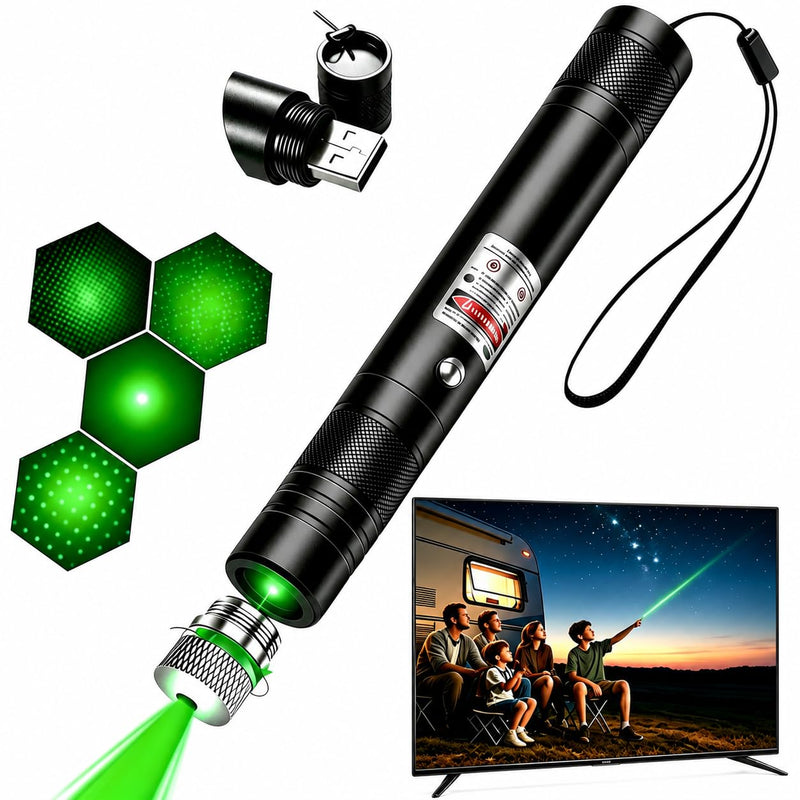 Green USB Rechargeable Laser Pointer, Single Beam, Removable Star Cap for Astronomy Green