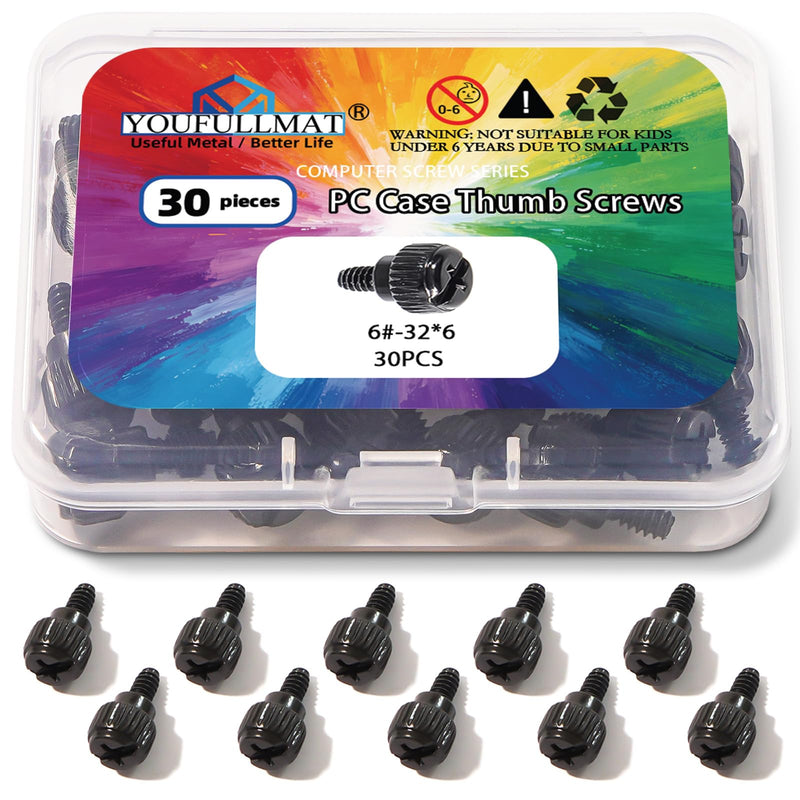Computer Case Thumb Screws for Side Panel | #6-32 x 6mm PC Case Hand-Twist Knurled Screws, Black Chassis Fastener (30 Pack)