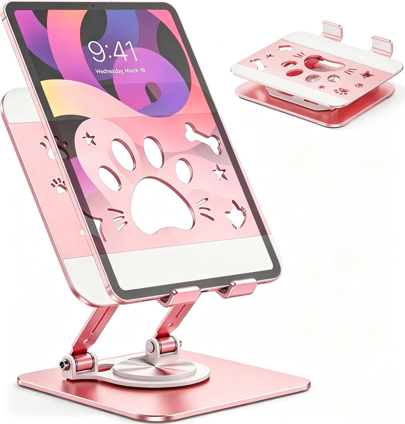 Cute Cat Paw Carbon Steel Tablet Phone Stand, 360 Rotating Heavy Duty Tablet Holder, Foldable Adjustable Stand Compatible with 4.7-13" iPhone, iPad Pro Air Mini, Kindle, Android Tablets (Pink) Pink