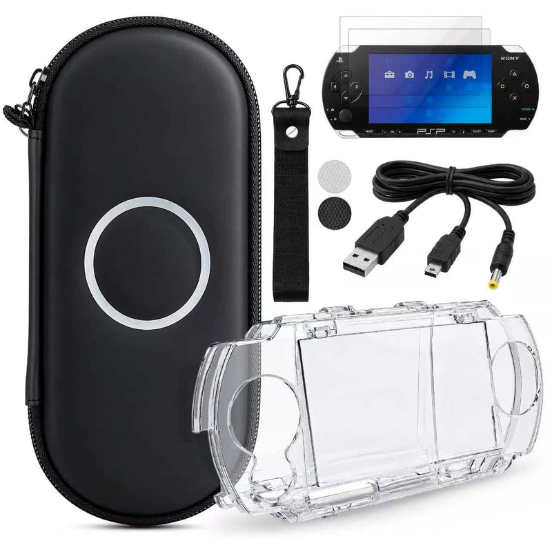 7-in-1 Accessories Kit for PlayStation Portable 1000-Black Carrying Case with Screen Protector, crystal protective cover ,2 joystick caps, charging Cable & wristband hanging rope
